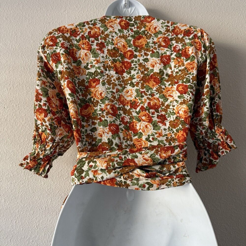 Faithfull the Brand Cropped Blouse Women’s XS 2 Floral Wrap Puff Sleeve Tie - Picture 2 of 7